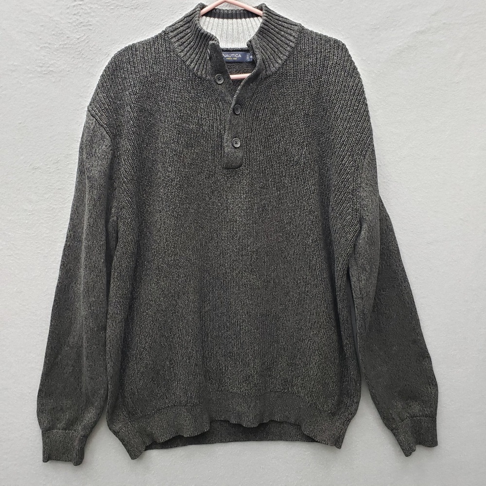 Nautica Men's Pullover Sweater Button Neck Green Brown Fisherman Cozy Size XXL